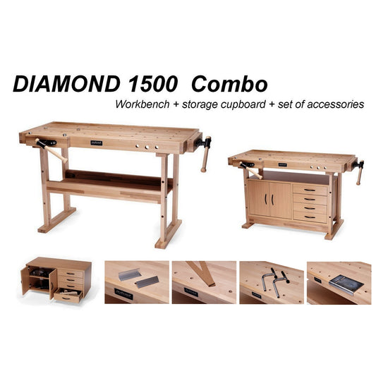 RAMIA Diamond 1500 Combo – complete woodworking setup including bench, cupboard, clamps, and accessories for compact workshops