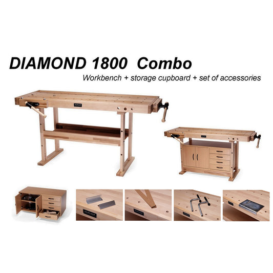 RAMIA Diamond 1800 Combo package with accessories – includes workbench, drawer cabinet, tool tray, and complete clamping set